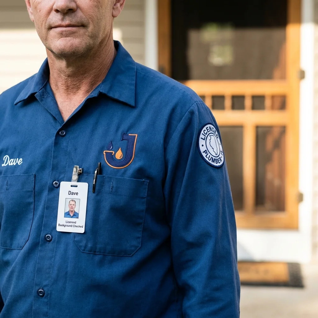 Licensed plumber showing ID badge in San Antonio, PR