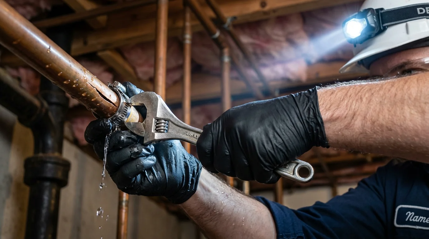 Emergency pipe clamp repair being performed by a Johns Plumbing LLC plumber in San Antonio