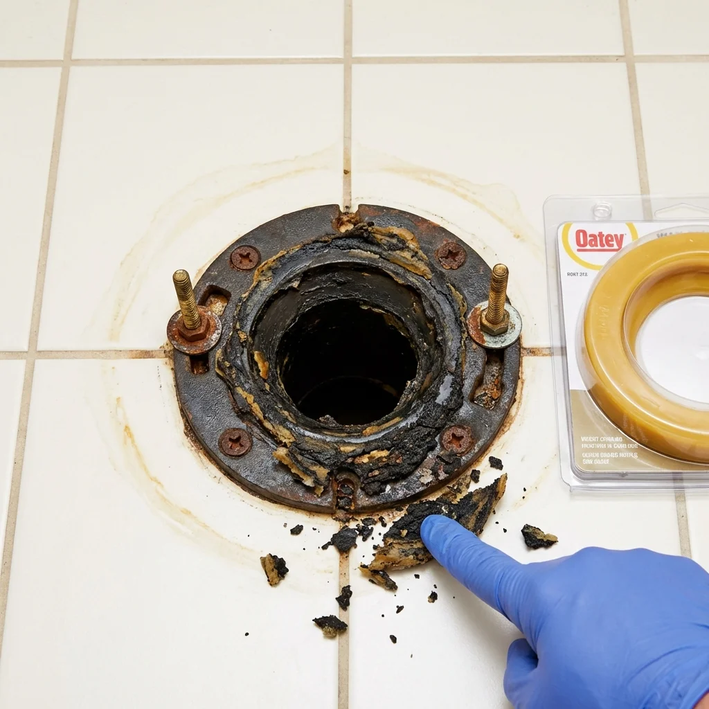 Failed wax ring showing water seepage at the base of a toilet in a San Antonio, PR home