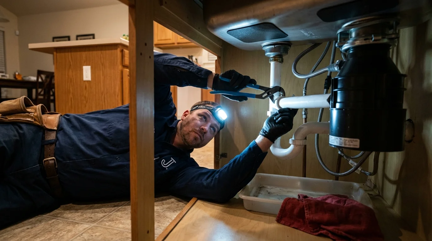 P-trap and supply line connections under a kitchen sink showing a common leak point in San Antonio, PR